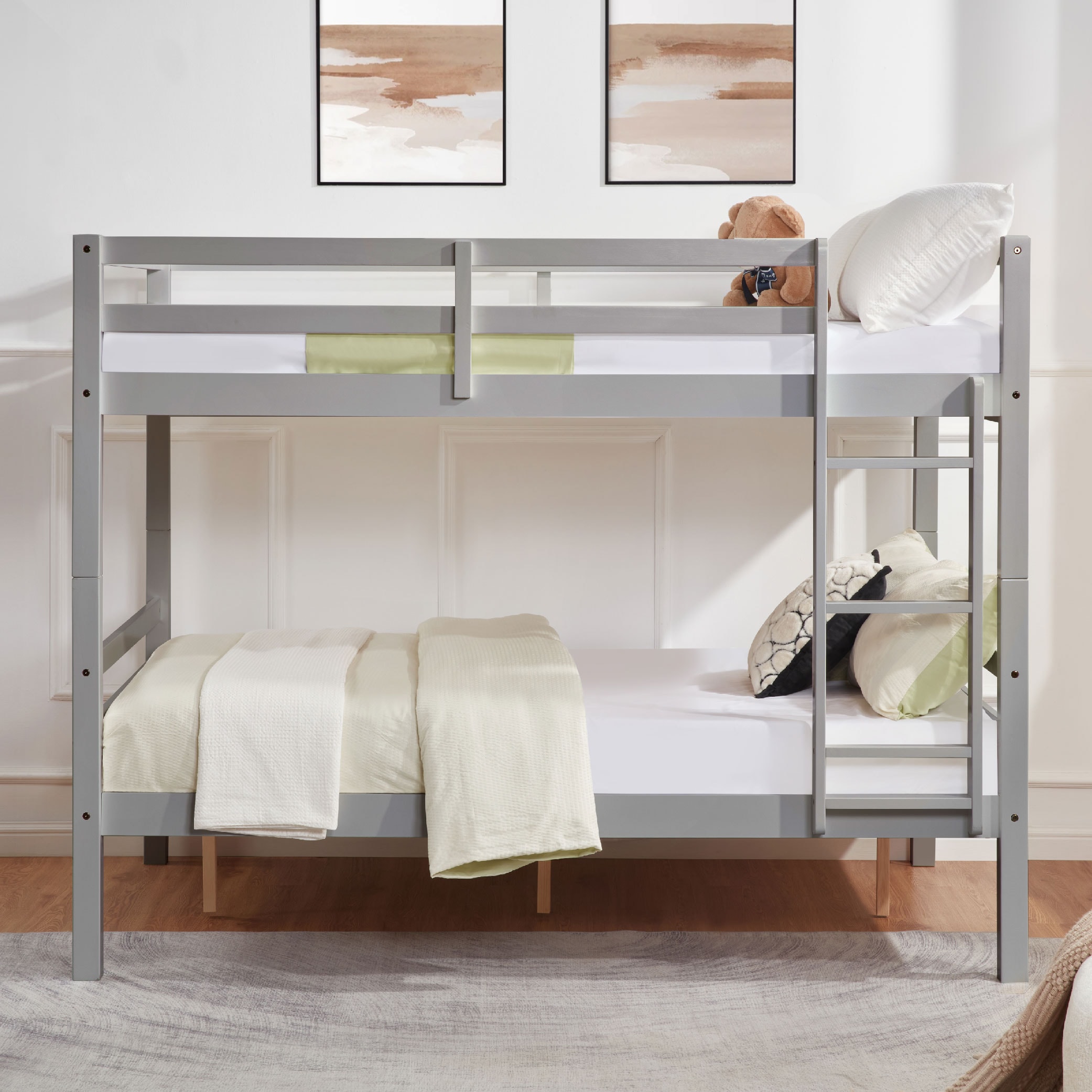 Full over Full Bunk Bed with Thick Posts,Wooden Bunk Bed with High Guardrail and Ladder for Kids, Teens, Dorm Rooms, and Guest Rooms,No Box Spring Needed, Grey Full over Full Bunk Bed with Thick Posts,Wooden Bunk Bed with High Guardrail and Ladder for Kids, Teens, Dorm Rooms, and Guest Rooms,No Box Spring Needed, Grey